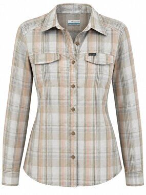 Columbia Omni-Shade Women's XL Beige Plaid Button Up Shirt Long Sleeve